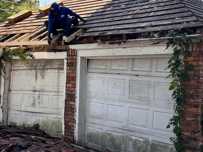 Garage before — tree damage